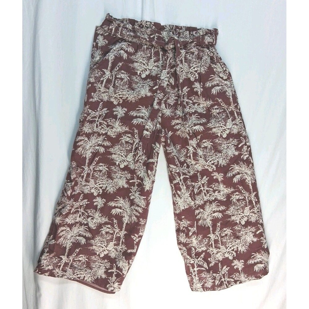 American Eagle Burgundy Linen Cotton Wide Leg 3/4 Pants Resortwear Beach Women S